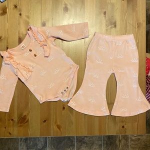 Sunshine ruffle trim long sleeve bodysuit and flare bottoms